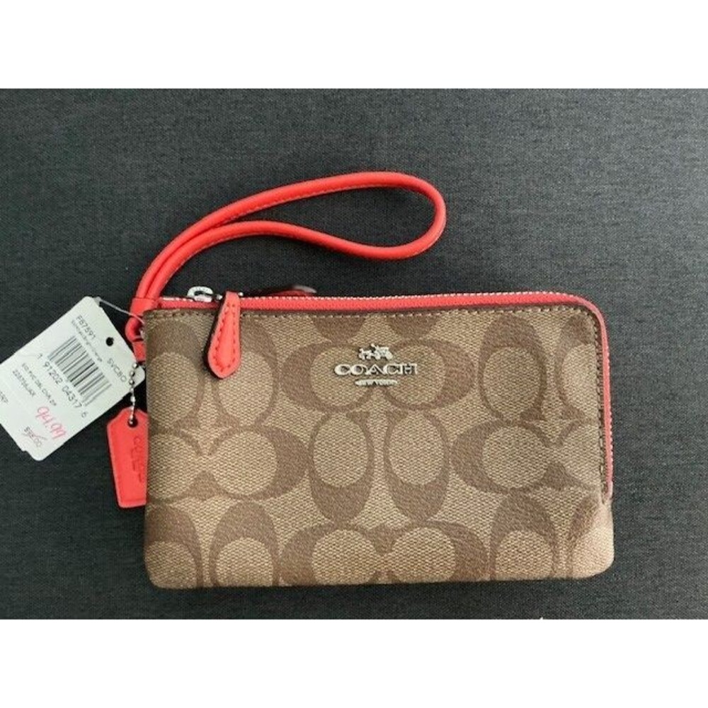 Coach Silver Khaki & Bright Orange Signature PVC Double Corner Zip Wristlet NWT